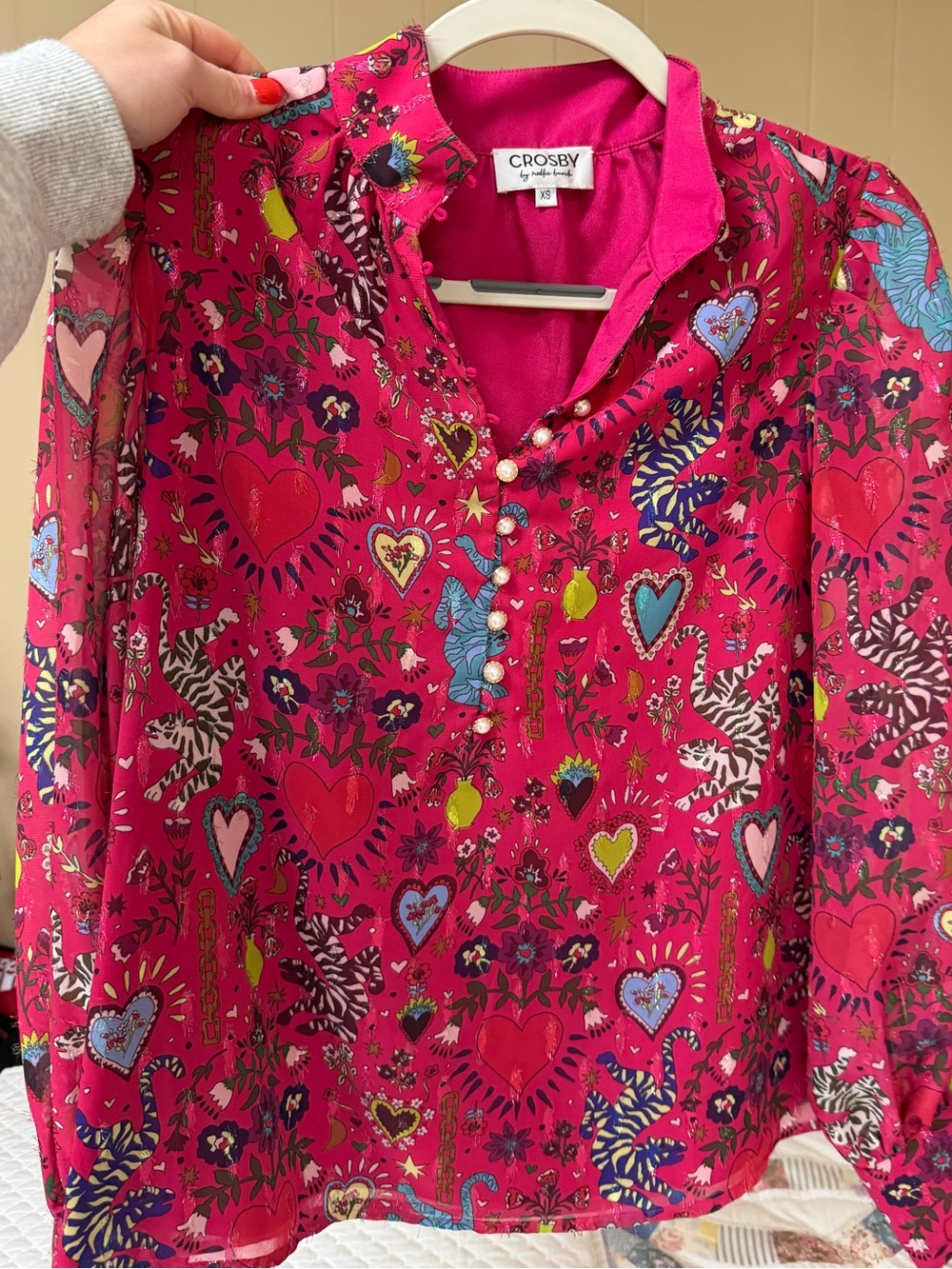Crosby by Mollie Burch - Hot Pink Heart Print Women’s Blouse Size XS